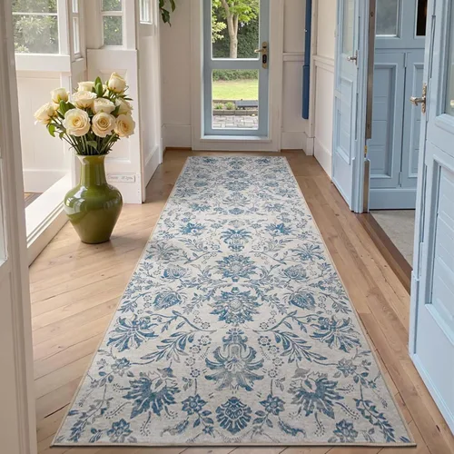 Vista 294 de jinchan Lima - Alfombra simétrica floral geométrica lavable, alfombra de entrada de medio círculo de 2 x 3, alfombra de media luna, suave y Azul