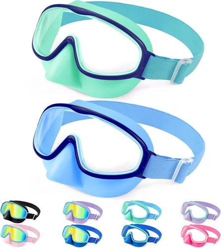 Vista 12 de Vvinca Kids Goggles with Nose Cover for 3-12,Comfort Fabric Strap Wide View 03-negro azul y rosa azul