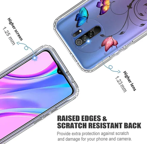 Vista 2 de Funda para Redmi 9/Redmi 9 Prime/Poco M2 M2004J19PI con protector de pantalla de vidrio templado, diseño de mariposa transparente de cuerpo