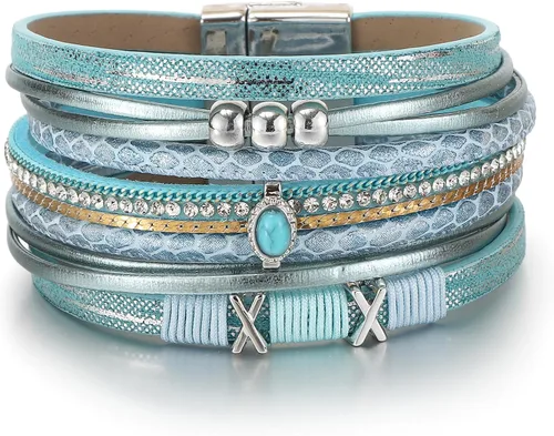 Vista 18 de Edoneery - Pulsera envolvente de cuero para mujer, brazalete de puño de múltiples capas hecho a mano estilo bohemio con cuentas de cristal