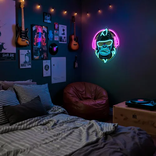 Vista 7 de Letrero de neón de gorila con auriculares, señal de neón de Kong regulable, luz de neón LED para decoración de pared, sala de juegos, cueva