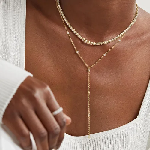 Vista 4 de KissYan Collar Lariat de oro para mujer, delicado chapado en oro de 14 quilates en forma de Y, cadena cubana en capas largas con colgante de gota