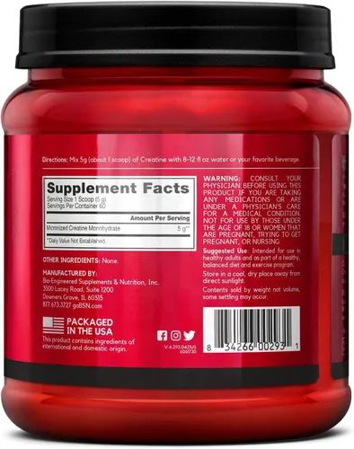 Vista 6 de BSN Creatina Micronizada Monohidrato en Polvo, Polvo de Creatina Sin Sabor, Micronizada, Apoya la Construcción Muscular, Apoya la Fuerza Muscular