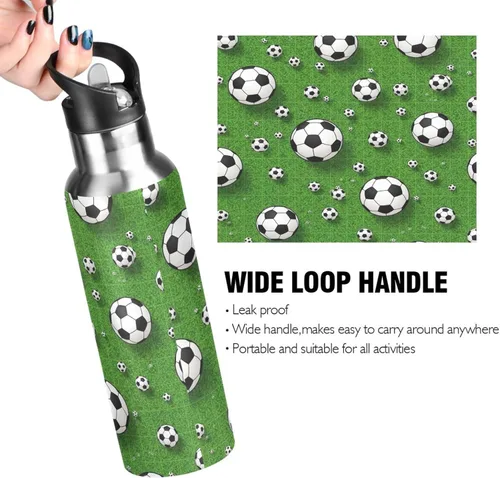 Vista 4 de Soccer Balls Green Insulated Stainless Steel Water Bottle with Straw 20 Oz Leakproof Water Bottles, BPA-Free Sport Water Bottle