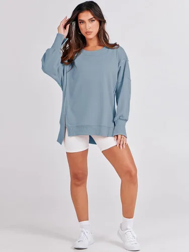 Vista 7 de ANRABESS Sudadera de gran tamaño para mujer, cuello redondo, manga larga, casual, con abertura, para otoño de 2024, ropa de preparación
