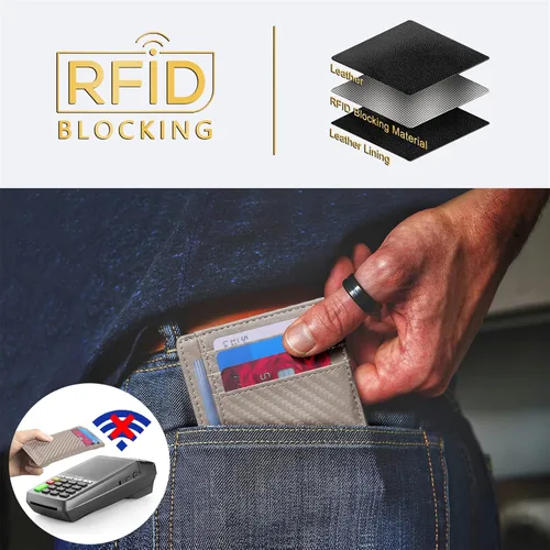 Vista 5 de Travelambo Cartera delgada de cuero minimalista con bolsillo frontal RFID con textura de fibra de carbono, Azul