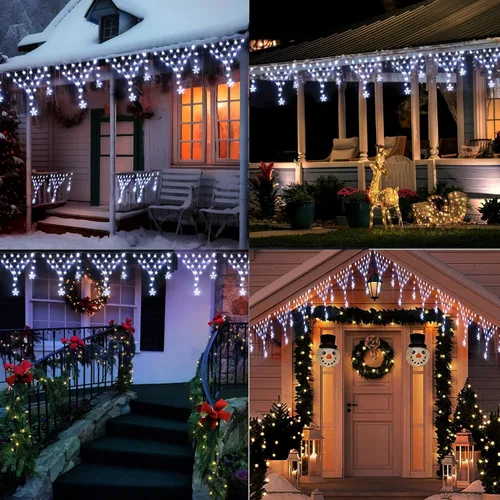 Vista 4 de Luces para decoración al aire libre de Navidad de 13.8 pies, 200 luces LED con 12 estrellas, cortina de luces de hadas regulables con 8 modos