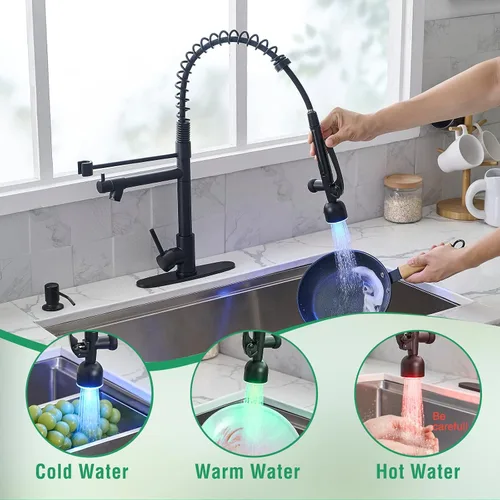 Vista 4 de Fapully - Grifos de cocina comerciales con rociador extraíble negro mate LED de una sola manija para fregadero de cocina, grifo de cocina