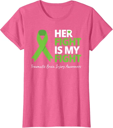 Vista 17 de Camiseta con cinta verde de la conciencia de la TBI, con texto en inglés "Her Fight Is My Fight" Jaspeado Oscuro