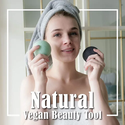 Vista 5 de myHomeBody Esponjas faciales naturales de Konjac - para una limpieza y exfoliación facial suave - con carbón activado y aloe vera, juego de 4