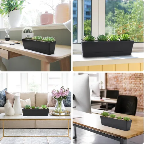 Vista 6 de GREANER Maceteros de hierbas de 12 x 3.8 pulgadas, 1 paquete de cajas rectangulares con bandeja, maceta de plástico para suculentas