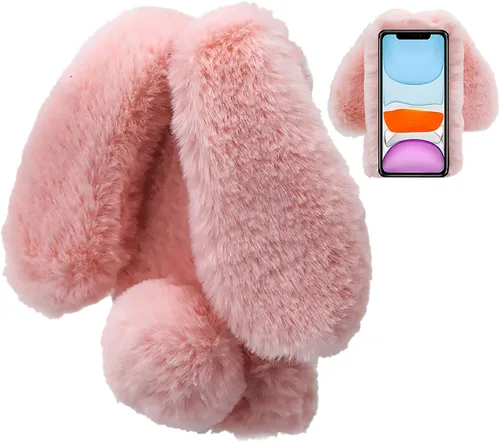 Vista 10 de LCHDA Funda de conejo para iPhone 13 Mini de 5.4 pulgadas, lindas orejas de conejo 3D, bola de pelo suave y peluda, cálida, de piel sintética