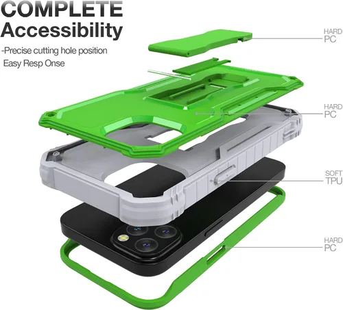 Vista 4 de FITO Funda para Apple iPhone 13, doble capa a prueba de golpes resistente con protector de pantalla de vidrio templado y soporte integrado (verde)