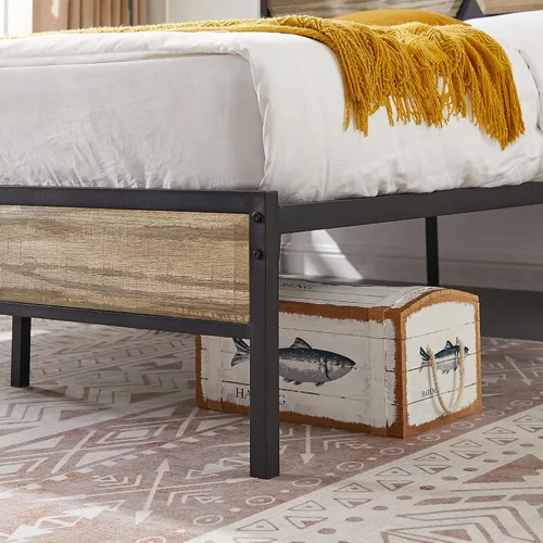 Vista 7 de VECELO Base de cama tamaño Queen con cabecera y estribo de madera, base de colchón de plataforma de cama Queen, soporte de listones de acero,