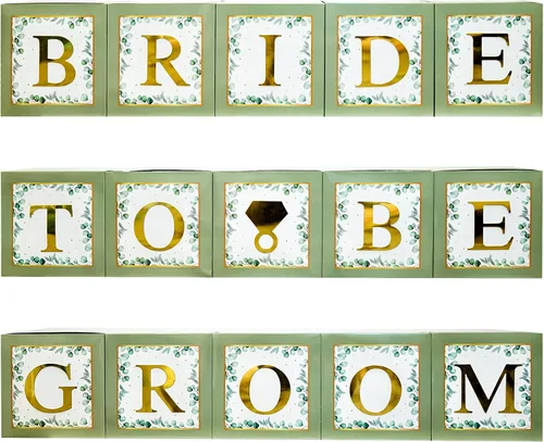 Vista 4 de 101 piezas de decoración de despedida de soltera de vegetación, cajas de globos doradas, bloques con BRIDE TO BE + GROOM + letras A - Z y 40 globos
