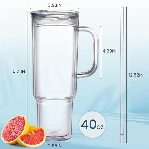 Vista 2 de Vaso de plástico de 40 onzas con asa y tapa de pajilla, vaso transparente, botella de agua de plástico reutilizable de doble pared al vacío, taza
