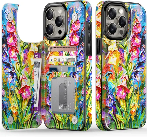 Vista 110 de FUNMIKO Funda tipo cartera para iPhone 15 con tarjetero + clip para efectivo, bloqueo RFID, protección contra caídas de grado militar y obras