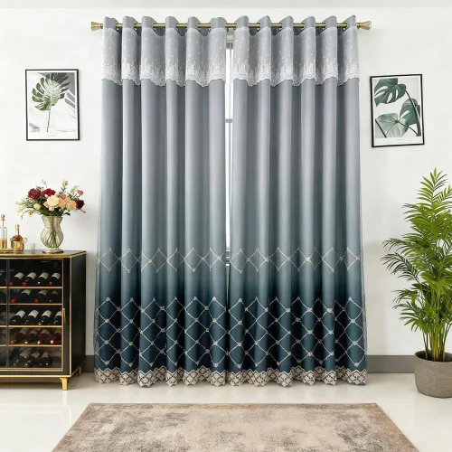 Vista 2 de Amidoudou 1 par de cortinas geométricas de doble capa para sala de estar, cortinas bordadas con patrón de diamante degradado para dormitorio