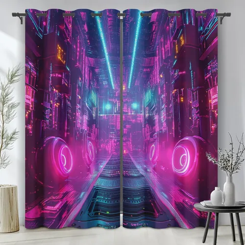 Vista 8 de Neon Synthwave Kitchen Curtains 2 Panels, Neon Cyberpunk Blackout Curtains Thermal Insulated Small Window Curtains, Colorful Futuristic Drapes