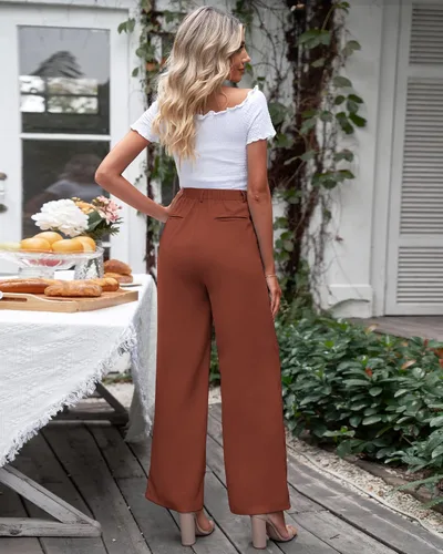 Vista 8 de GRAPENT Pantalones de pierna ancha para mujer, para trabajo, negocios, casual, de cintura alta, pantalones de vestir fluidos para la oficina