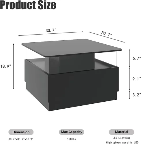 Vista 2 de HedoAjim Mesas de centro cuadradas con almacenamiento, mesa de centro moderna para sala de estar, mesas de centro redondas negras y 2 cajones Negro