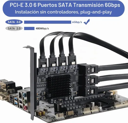 Vista 5 de Tarjeta PCI Express a SATA 3.0 de 2X 10 Puertos, Tarjeta de Expansión PCI Express a SATA III de 6Gbps, Chips ASM1166+JMB575 10SATA-4X