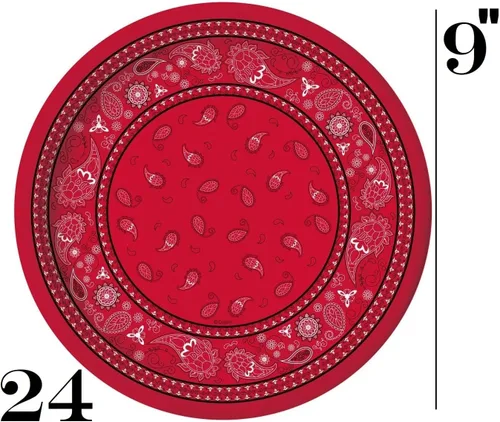 Vista 4 de Oojami Sirve 24 – Bandana roja suministros para fiesta occidental – Paquete completo de fiesta con platos llanos de 9 pulgadas, platos de postre