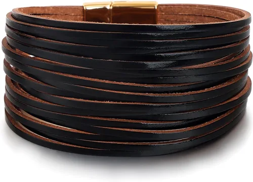 Vista 24 de Edoneery - Pulsera envolvente de cuero para mujer, brazalete de puño de múltiples capas hecho a mano estilo bohemio con cuentas de cristal