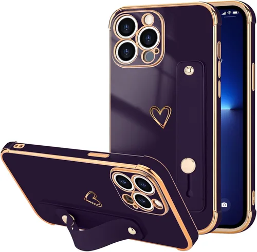 Vista 10 de LLZ.COQUE Funda compatible con iPhone 12 para mujeres y niñas, parachoques chapado de lujo con bonito diseño de corazón de amor, soporte de correa