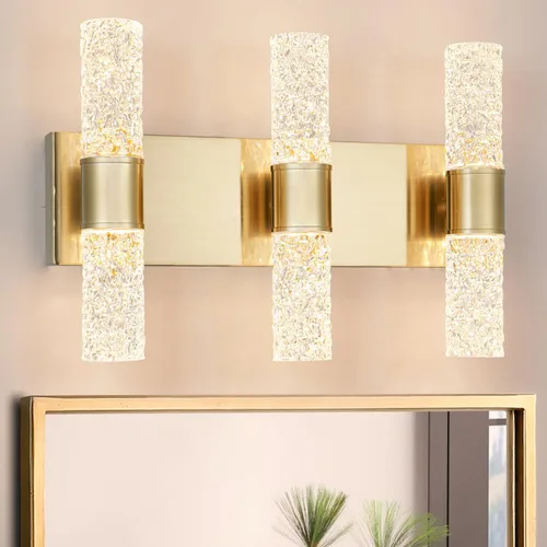 Vista 11 de Juego de 2 apliques de pared LED de cristal, lámparas de baño de oro cepillado, modernas luces de baño con LED con cable para dormitorio, sala