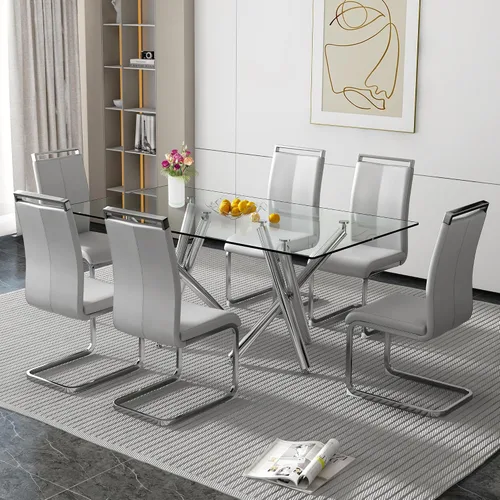 Vista 7 de Juego de 6 mesas de comedor de cristal, moderno juego de mesa de comedor de vidrio templado rectangular transparente de 71 pulgadas y 6 sillas