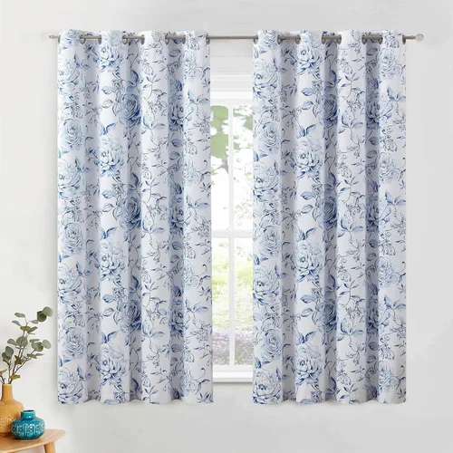 Vista 10 de Beauoop - Cortinas florales 100% blackout, de 84 pulgadas de largo, 2 paneles, para dormitorio, sala de estar, azul marino y blanco