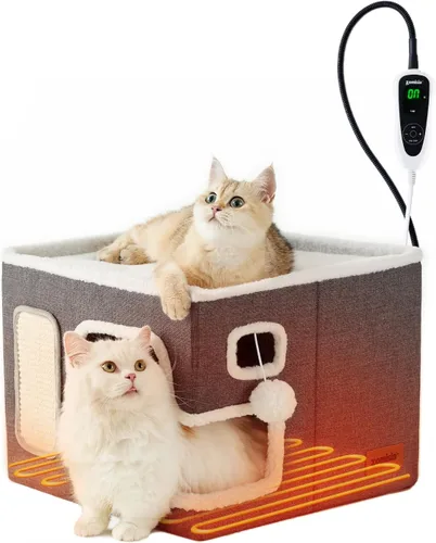Vista 10 de ZOMISIA Casa térmica para gatos de interior – Cama grande de calentamiento para gatos para invierno con bola esponjosa colgante y almohadilla