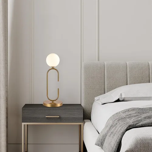 Vista 4 de Lámpara de mesa en forma de C de mediados de siglo, globo dorado, con 2 luces, regulable, con cristal blanco leche, lámpara de mesita de noche