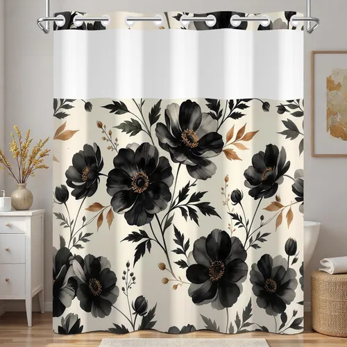 Vista 9 de No Hook Geometric Shower Curtain with Snap in Liner - 71″W x 74″L Waterproof Fabric with Mesh Top Window, Modern Abstract Triangle Design Bath