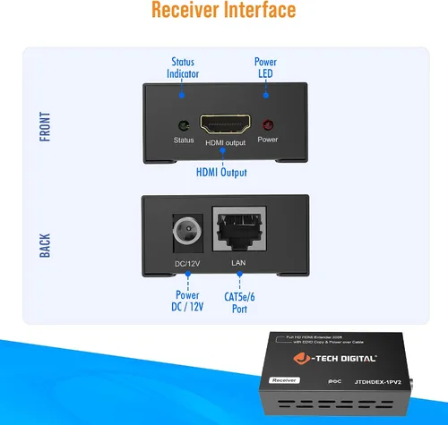 Vista 7 de J-Tech Digital Extensor HDMI 1080P 60Hz sobre CAT 5e/6/7 PoC (Alimentación por Cable) hasta 165 pies, Copia EDID de Color Profundo Sin Pérdida