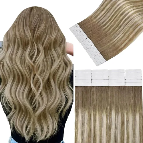 Vista 22 de Easyouth Extensiones de cabello humano rubio con cinta, extensiones de cabello humano rubio blanco, 12 pulgadas, 20 unidades, 1.06 onzas