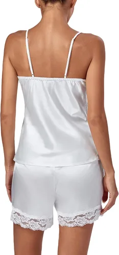 Vista 4 de LYANER Conjunto de pijama de satén de seda con cuello en V y ribete de encaje para mujer 3 piezas con bata