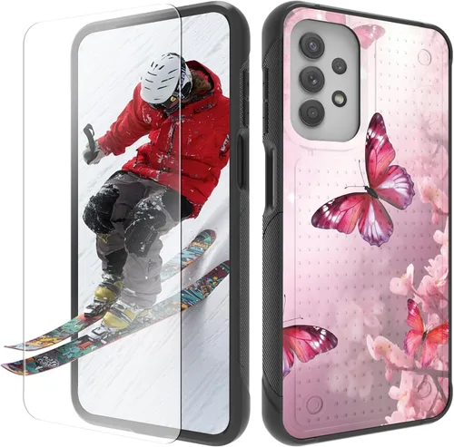 Vista 28 de Funda para Samsung Galaxy A13/A04/A04S/A23/A32 5G con protector de pantalla, parte trasera con textura de policarbonato duro, hermosa flor, diseño