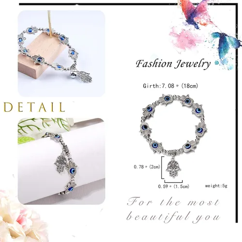 Vista 4 de Zeshimb Pulsera Hamsa de ojo turco con cuentas de cristal, pulsera de mano de Fátima elástica lateral con ojo azul Hamsa, pulsera turca de mal