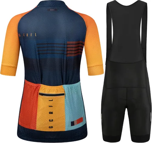 Vista 2 de GCRFL Conjunto de camisetas de ciclismo para mujer, altamente transpirables, pantalones cortos con bolsillos y acolchado 4D