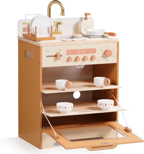 Vista 9 de ROBOTIME Fregadero Lavavajillas de Juguete de Madera – Juguete de Cocina de Imitación Color Caramelo con Grifo Dorado, Perillas Giratorias, Estante