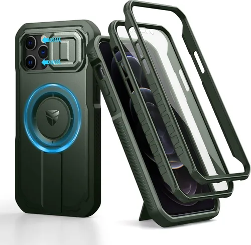 Vista 4 de Dexnor - Funda para iPhone 12 & iPhone 12 Pro con tapa deslizante para cámara, soporte ajustable y protector de pantalla integrado, carcasa