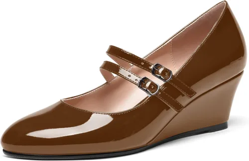 Vista 36 de SHOWFOREST Zapatos de tacón bajo con hebilla de punta redonda para mujer, con correa ajustable y correa ajustable, 2 pulgadas Beige