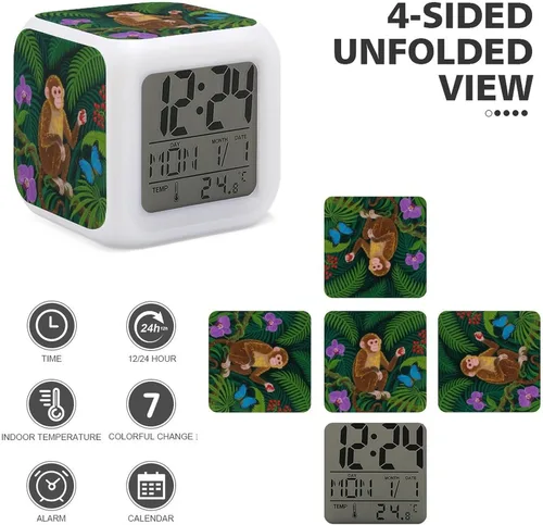 Vista 3 de Cute Monkey Print Alarm Clock with 7 Color Changing Night Light OK to Wake Clocks with Temperature Display Sleep Training and Sound Machine Sleep