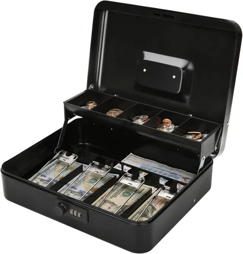 Vista 10 de Jssmst - Caja de efectivo de metal grande con bandeja de dinero,Caja de bloqueo