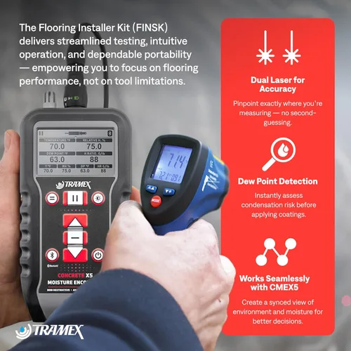 Vista 6 de Tramex Kit de instalación de pisos FINSK Medidor digital CMEX5, termómetro de superficie infrarroja y sonda de pasador de alta resistencia