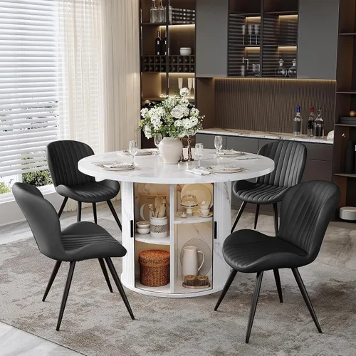 Vista 35 de Miereirl Juego de mesa y sillas de comedor moderno redondo, con una mesa de comedor de madera equipada con compartimentos de almacenamiento