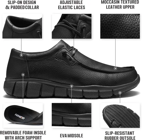 Vista 2 de NINGO Zapatos de cuero antideslizantes para hombres y mujeres, mocasines de trabajo resistentes al agua, antideslizantes, ligeros, transpirables