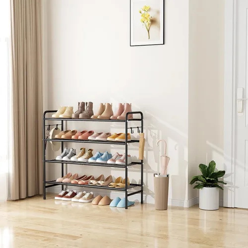 Vista 7 de VILICK Zapatero de Metal de 4 Niveles de 33" de Ancho, Organizador de Zapatos Largo, Almacenamiento de Zapatos con 4 Ganchos Laterales, Estante